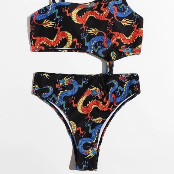 Womens Dragon Print Cut-Out One Piece Faux Bikini Set 🐉👙 Size Medium - Picture 3 of 4